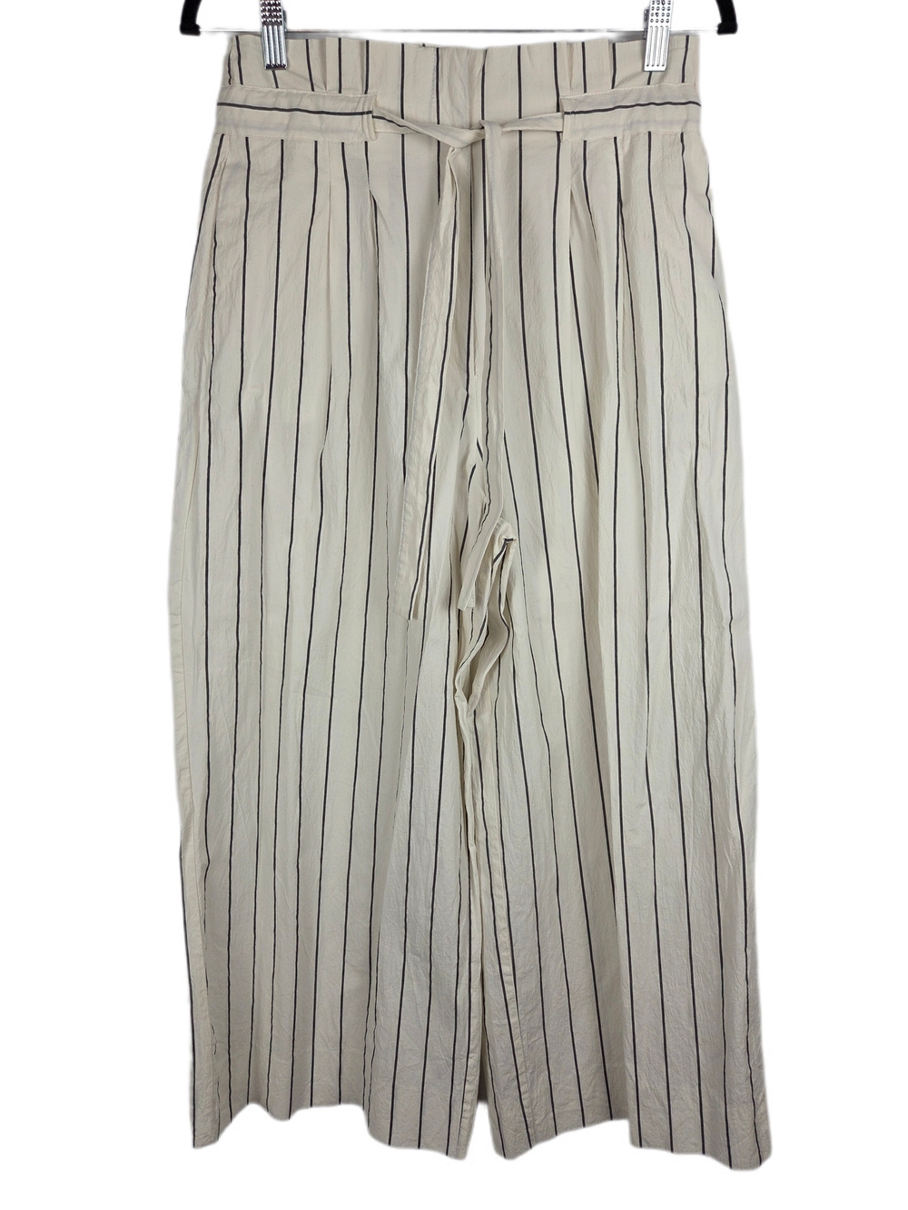 ZARA High-Waisted Wide-Leg Striped Trousers with Tie Belt - Ecru/Black